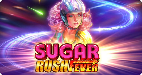 Logotipo do jogo 'Sugar Rush Fever' da RubyPlay, apresentando uma jovem com cabelos cor-de-rosa e um capacete de patins, com uma expressão sonhadora, em um cenário de luzes e trilhas coloridas que sugerem movimento e velocidade. A palavra 'Sugar Rush' está em rosa brilhante e 'Fever' em amarelo e laranja com uma seta indicando energia. O ambiente futurista e dinâmico sugere um caça-níqueis com tema de velocidade e aventura.